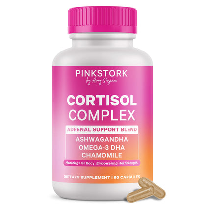 Cortisol Complex for Women - Adaptogenic Adrenal + Stress Support - 300mg Organic Ashwagandha, Algae DHA, Saffron, Methylated B Vitamins - Non-Drowsy - Mood + Hormone Balance - 60 Capsules