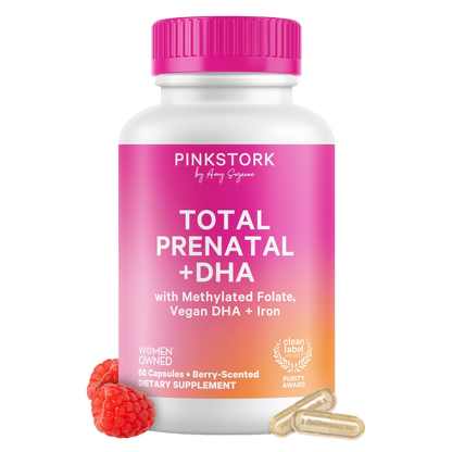 Pink Stork Total Prenatal Vitamins, No Fishy Burps, 60 Capsules, Berry | Clean Label Award, Support Fetal Development, Vegan DHA, Methylfolate, Iron, Choline, Vitamin B12, Pregnancy Essentials