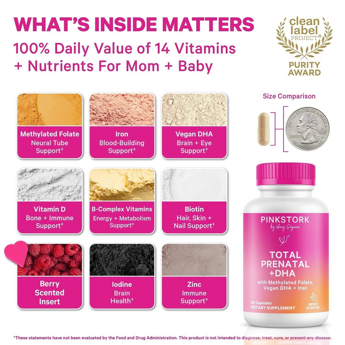 Pink Stork Total Prenatal Vitamins, No Fishy Burps, 60 Capsules, Berry | Clean Label Award, Support Fetal Development, Vegan DHA, Methylfolate, Iron, Choline, Vitamin B12, Pregnancy Essentials