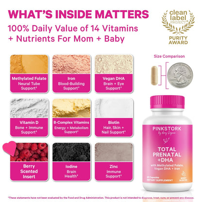 Pink Stork Total Prenatal Vitamins, No Fishy Burps, 60 Capsules, Berry | Clean Label Award, Support Fetal Development, Vegan DHA, Methylfolate, Iron, Choline, Vitamin B12, Pregnancy Essentials