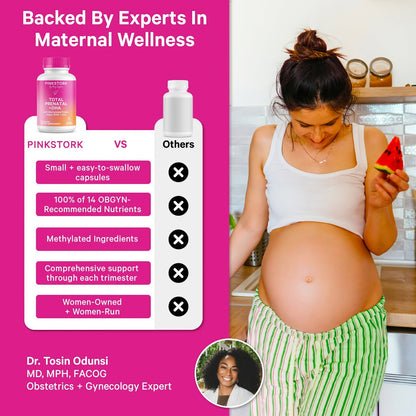 Pink Stork Total Prenatal Vitamins, No Fishy Burps, 60 Capsules, Berry | Clean Label Award, Support Fetal Development, Vegan DHA, Methylfolate, Iron, Choline, Vitamin B12, Pregnancy Essentials