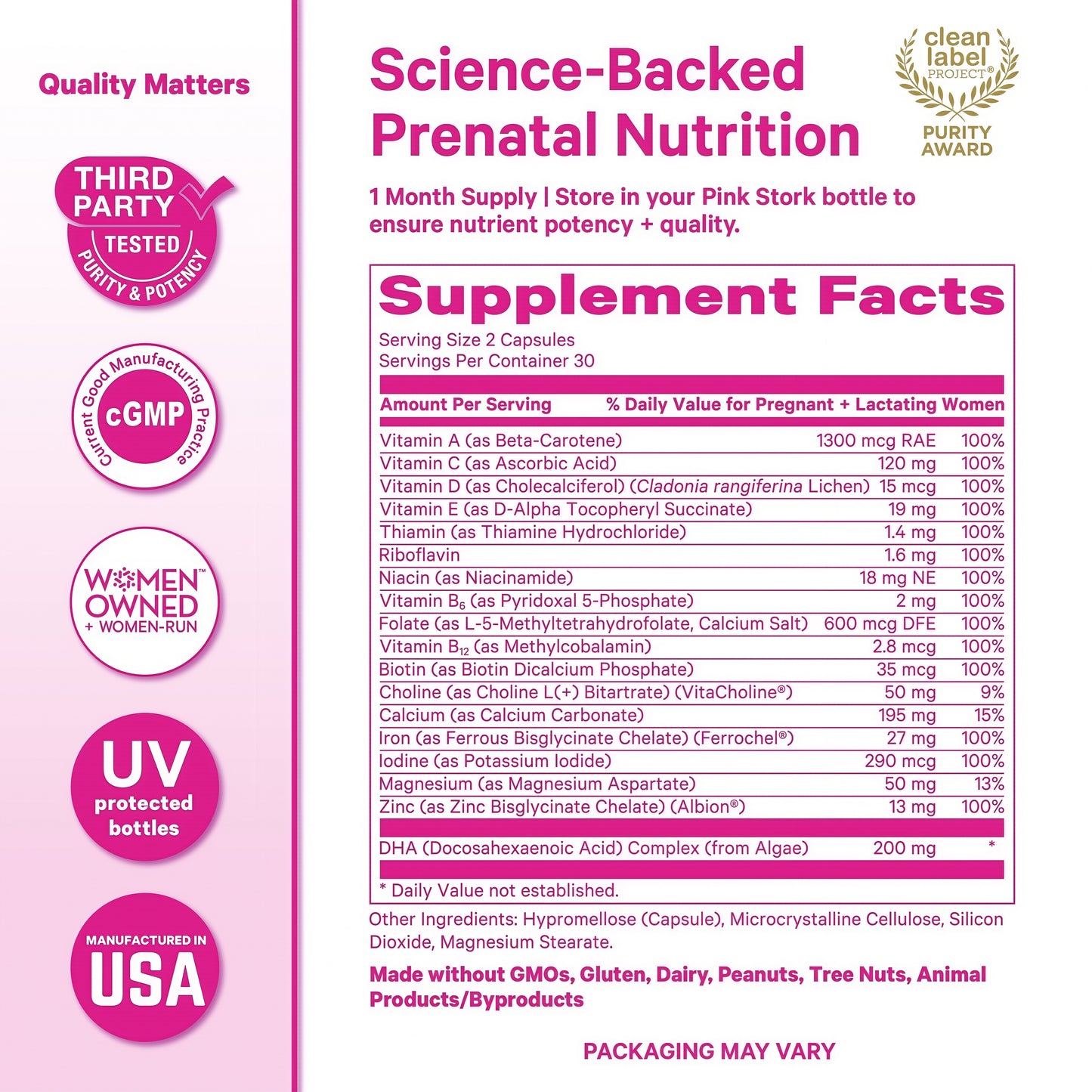 Pink Stork Total Prenatal Vitamins, No Fishy Burps, 60 Capsules, Berry | Clean Label Award, Support Fetal Development, Vegan DHA, Methylfolate, Iron, Choline, Vitamin B12, Pregnancy Essentials