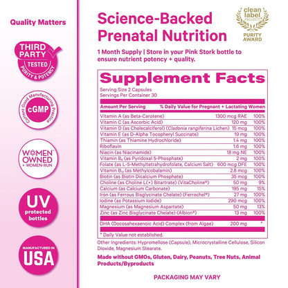 Pink Stork Total Prenatal Vitamins, No Fishy Burps, 60 Capsules, Berry | Clean Label Award, Support Fetal Development, Vegan DHA, Methylfolate, Iron, Choline, Vitamin B12, Pregnancy Essentials