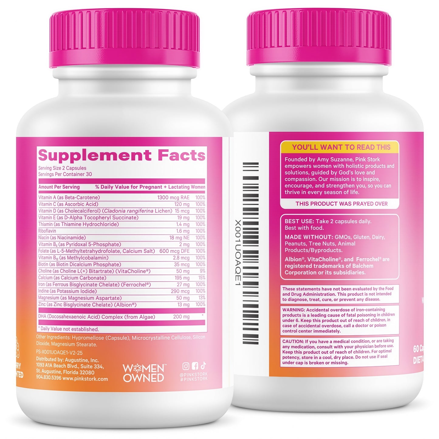 Pink Stork Total Prenatal Vitamins, No Fishy Burps, 60 Capsules, Berry | Clean Label Award, Support Fetal Development, Vegan DHA, Methylfolate, Iron, Choline, Vitamin B12, Pregnancy Essentials