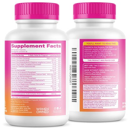 Pink Stork Total Prenatal Vitamins, No Fishy Burps, 60 Capsules, Berry | Clean Label Award, Support Fetal Development, Vegan DHA, Methylfolate, Iron, Choline, Vitamin B12, Pregnancy Essentials