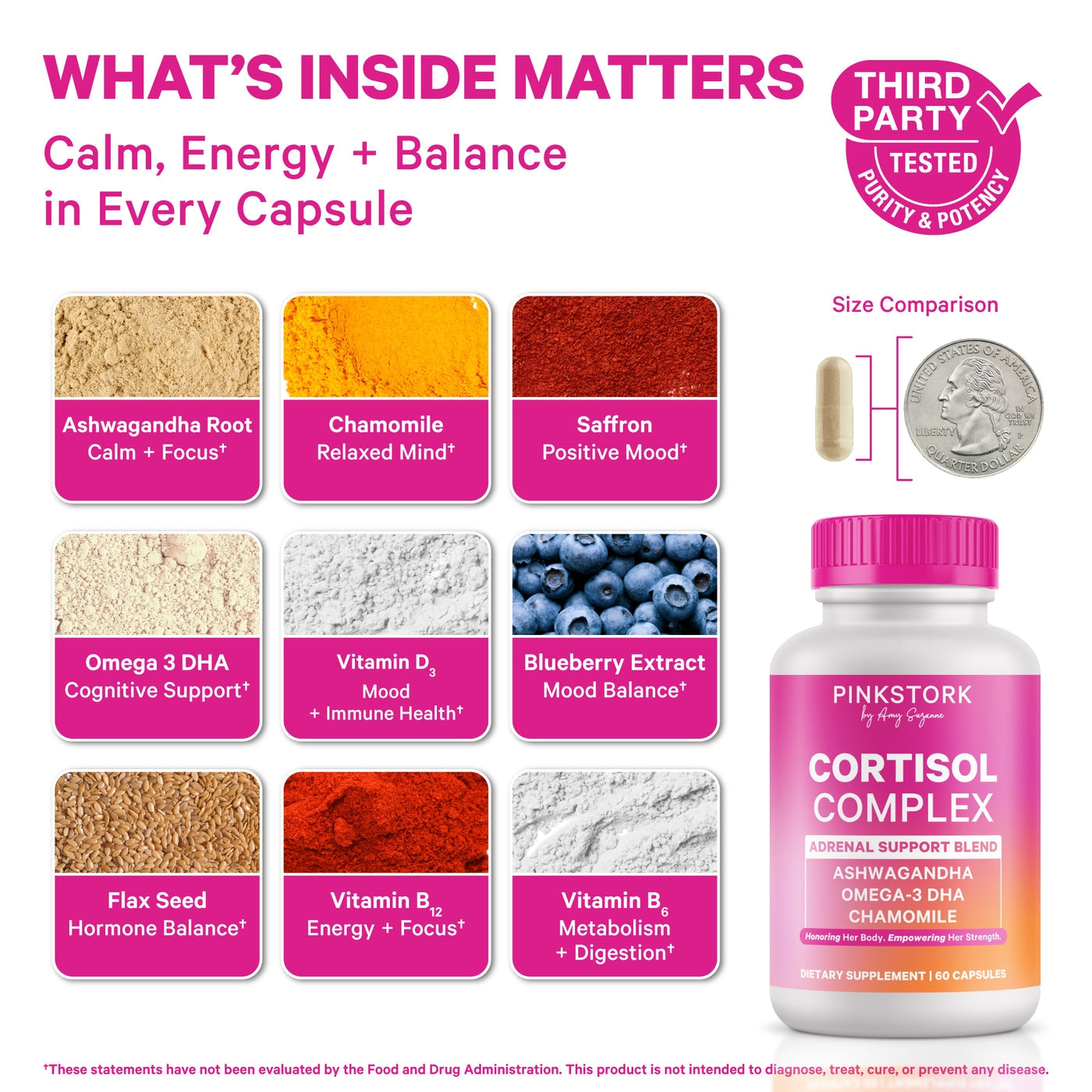 Cortisol Complex for Women - Adaptogenic Adrenal + Stress Support - 300mg Organic Ashwagandha, Algae DHA, Saffron, Methylated B Vitamins - Non-Drowsy - Mood + Hormone Balance - 60 Capsules