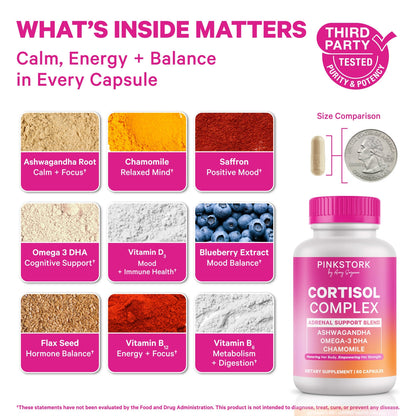 Cortisol Complex for Women - Adaptogenic Adrenal + Stress Support - 300mg Organic Ashwagandha, Algae DHA, Saffron, Methylated B Vitamins - Non-Drowsy - Mood + Hormone Balance - 60 Capsules