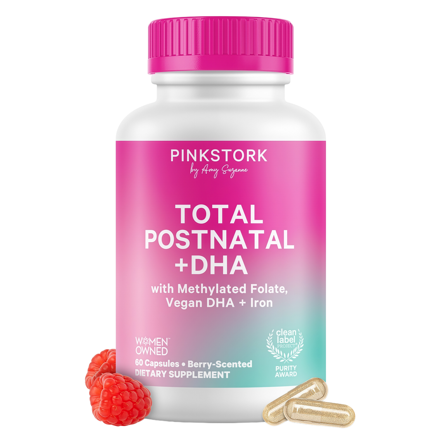 Pink Stork Total Postnatal Vitamins for Women, 60 Capsules, Berry | No Fishy Burps, Vegan Algae DHA, Methylated Folate, Iron, Postpartum Recovery + Lactation Support, Clean Label Award Winner