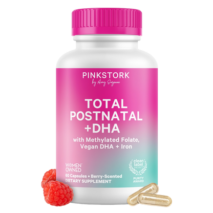 Pink Stork Total Postnatal Vitamins for Women, 60 Capsules, Berry | No Fishy Burps, Vegan Algae DHA, Methylated Folate, Iron, Postpartum Recovery + Lactation Support, Clean Label Award Winner