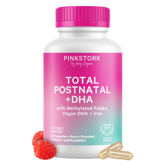 Pink Stork Total Postnatal Vitamins for Women, 60 Capsules, Berry | No Fishy Burps, Vegan Algae DHA, Methylated Folate, Iron, Postpartum Recovery + Lactation Support, Clean Label Award Winner