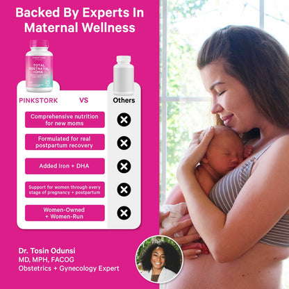 Pink Stork Total Postnatal Vitamins for Women, 60 Capsules, Berry | No Fishy Burps, Vegan Algae DHA, Methylated Folate, Iron, Postpartum Recovery + Lactation Support, Clean Label Award Winner