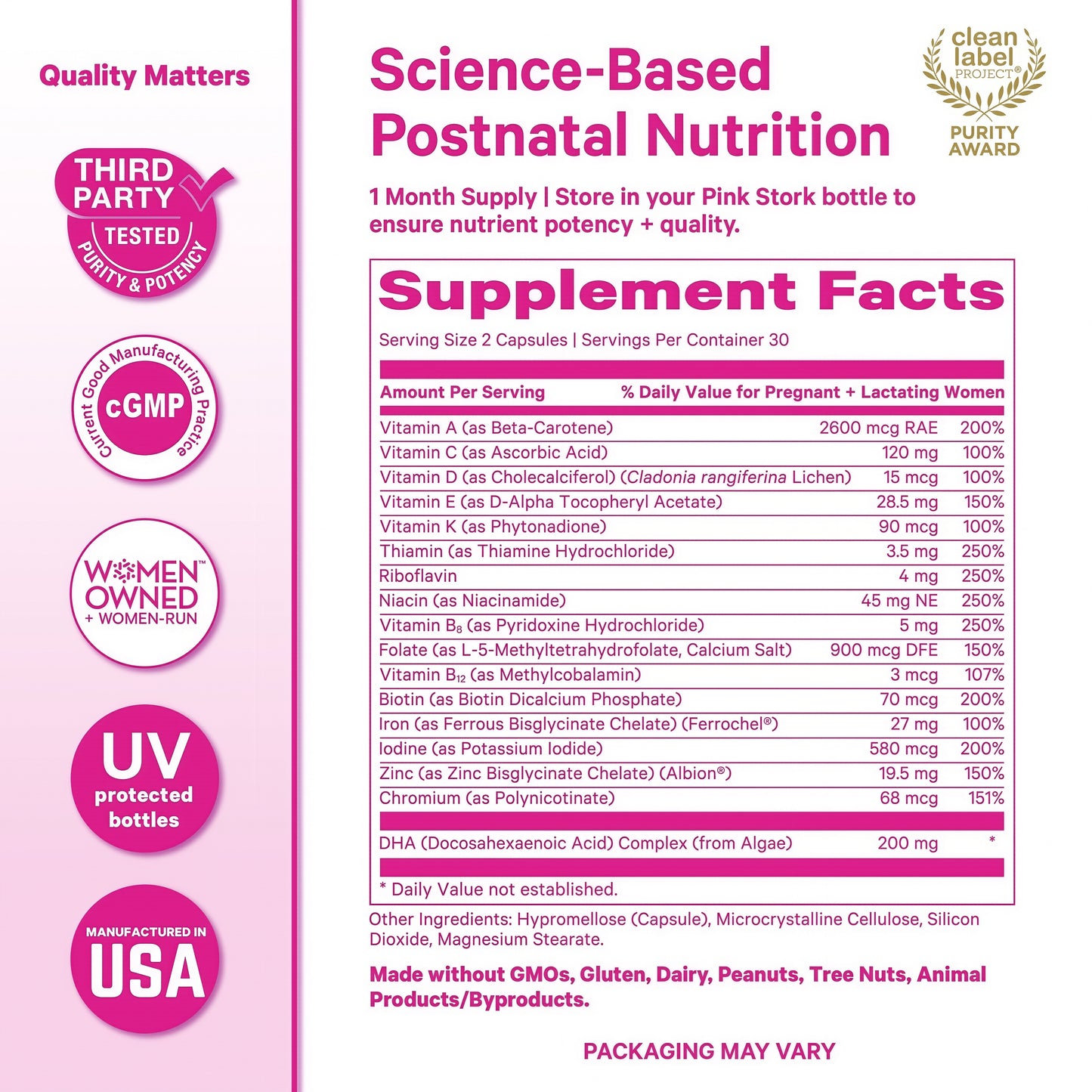 Pink Stork Total Postnatal Vitamins for Women, 60 Capsules, Berry | No Fishy Burps, Vegan Algae DHA, Methylated Folate, Iron, Postpartum Recovery + Lactation Support, Clean Label Award Winner