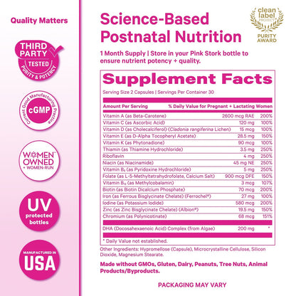 Pink Stork Total Postnatal Vitamins for Women, 60 Capsules, Berry | No Fishy Burps, Vegan Algae DHA, Methylated Folate, Iron, Postpartum Recovery + Lactation Support, Clean Label Award Winner