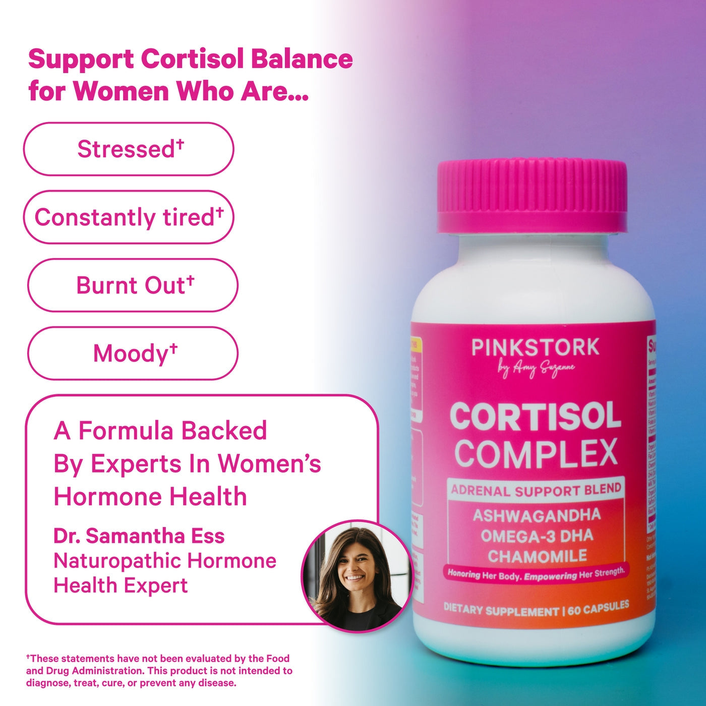 Cortisol Complex for Women - Adaptogenic Adrenal + Stress Support - 300mg Organic Ashwagandha, Algae DHA, Saffron, Methylated B Vitamins - Non-Drowsy - Mood + Hormone Balance - 60 Capsules